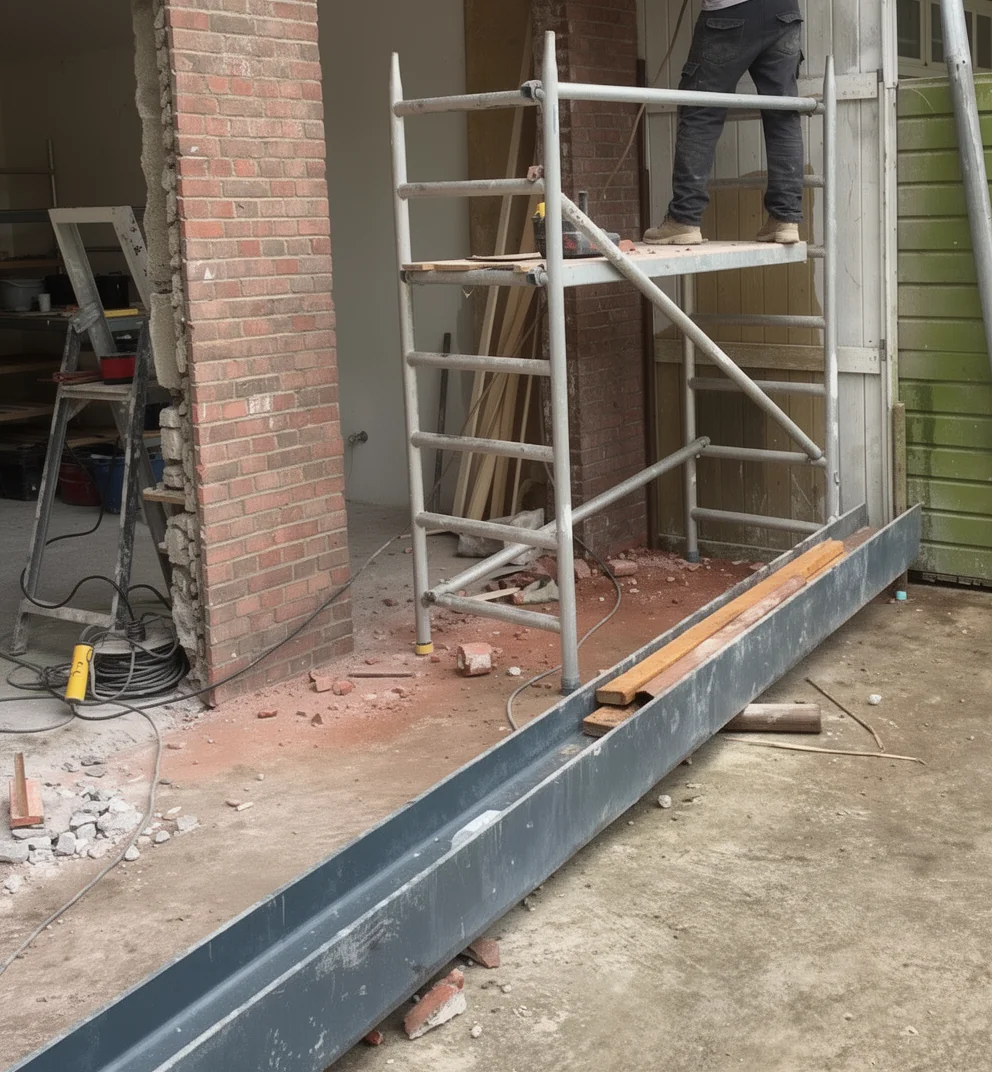 Een stalen HEB-ligger ligt klaar op de begane grond, blauw-grijs gestraald.