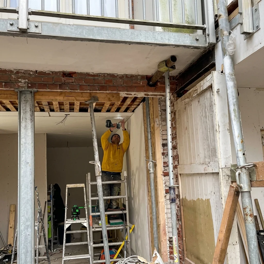 Drie bouwstempels houden de bestaande verdiepingsvloer omhoog, met laserwaterpas op de ladder.