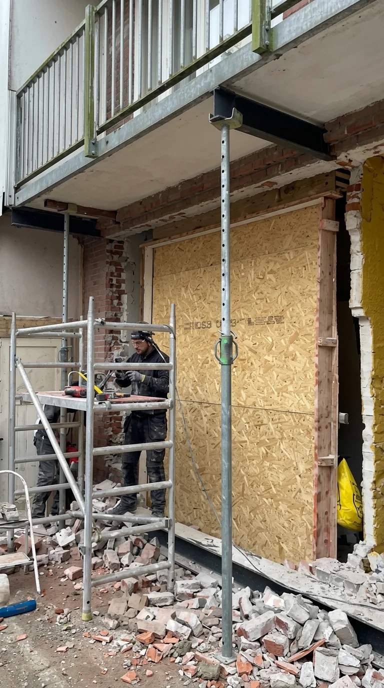 De zwarte HEB-ligger zit op zijn plaats met tijdelijke verticale bouwstempels en OSB-afdichting.