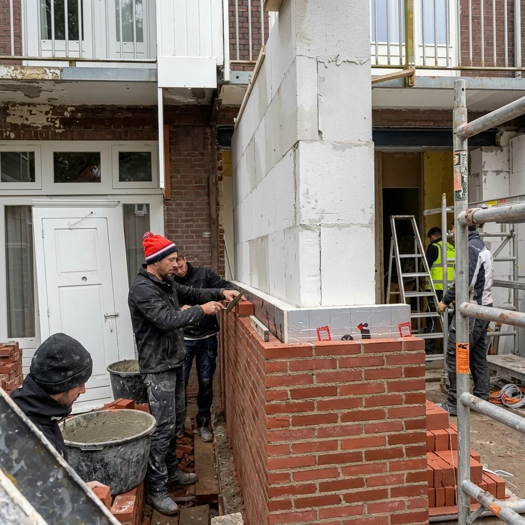 Drie metselaars werken in ritme aan het buitenspouwblad in rode handvorm-baksteen.