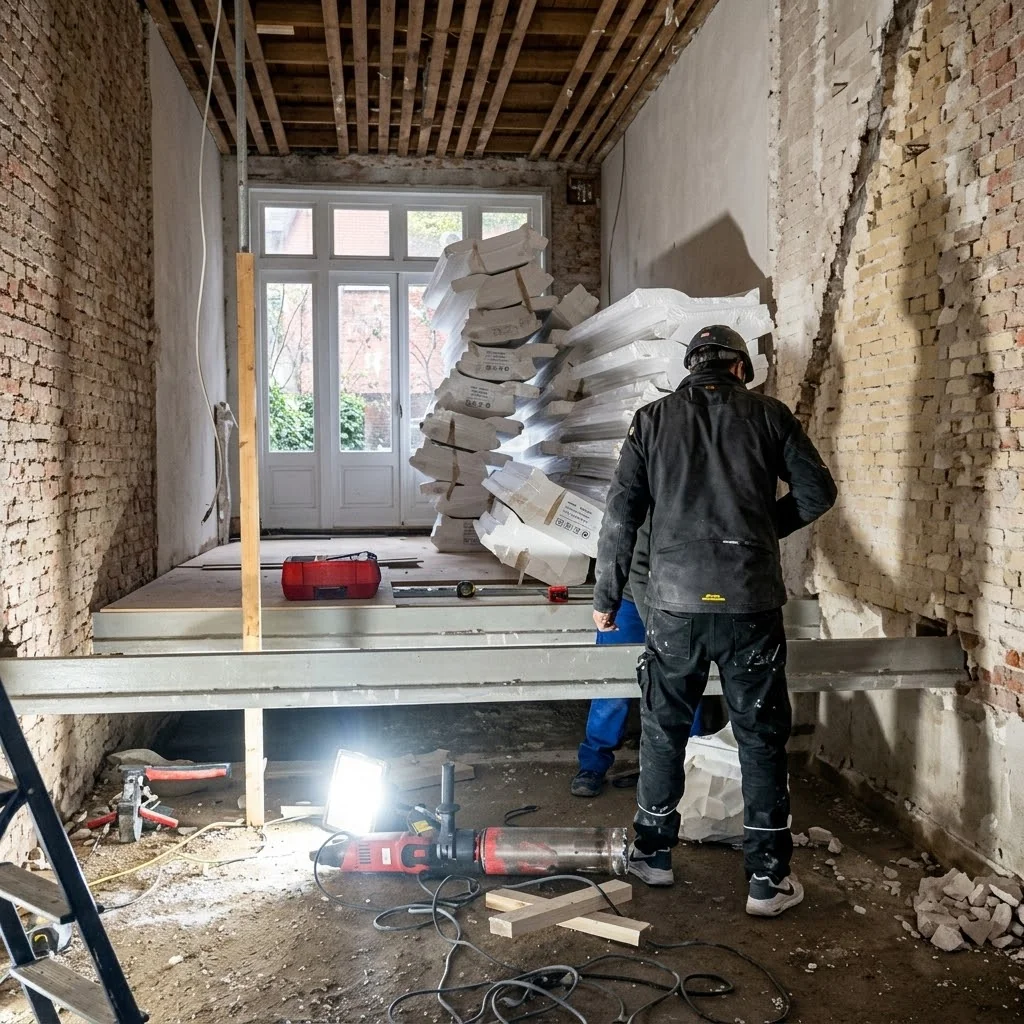 Vloerrenovatie met nieuwe stalen vloerliggers en een stapel EPS-isolatieplaten.