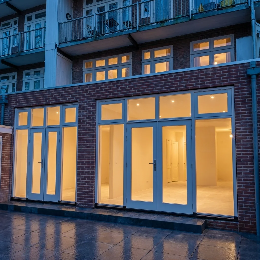 Dezelfde gevel na zonsondergang: het warme licht van binnen kleurt door de kozijnen naar buiten en tekent de raamverdeling in het duister.