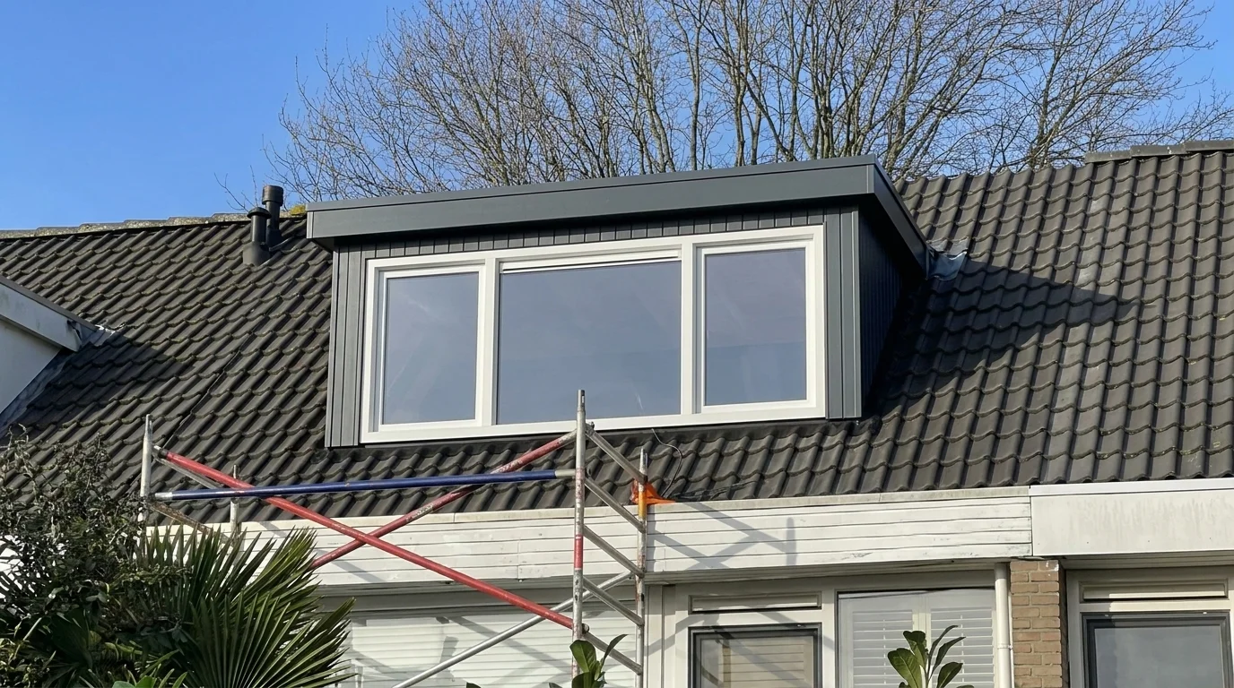 Opgeleverde maatwerk-dakkapel in Hilversum — antraciet-grijze zijwanden, drie hardhouten kozijnen in wit, omgeven door nieuwe antraciet-zwarte pannen