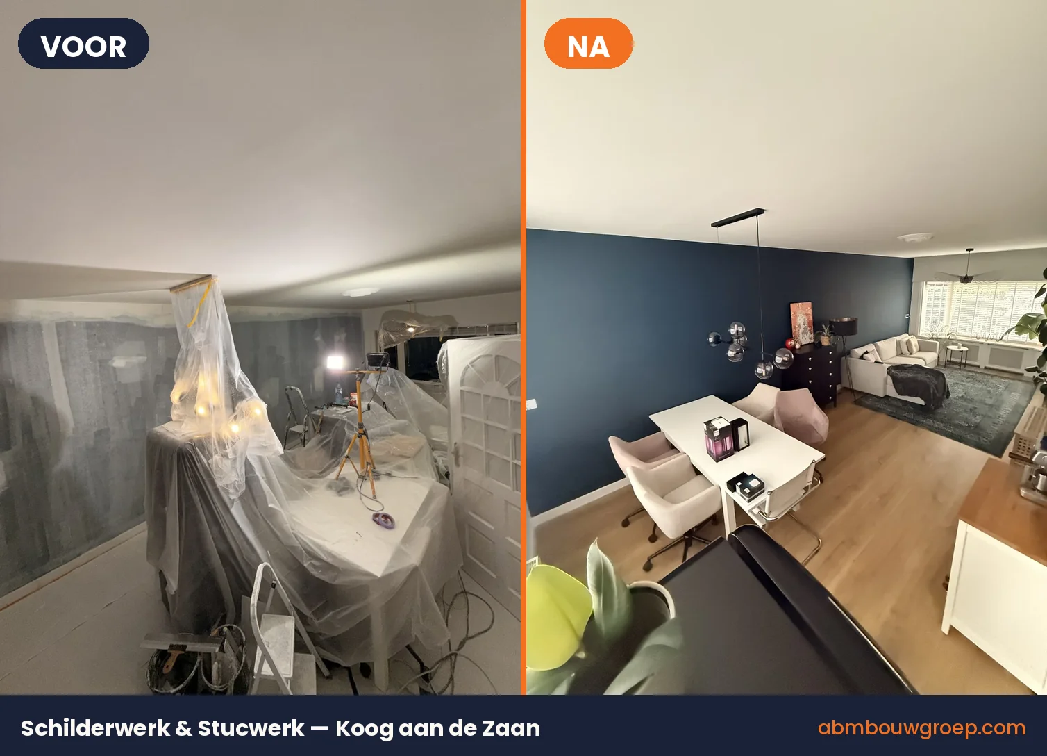 Voor en na: schilderwerk en stucwerk woonkamer in Koog aan de Zaan